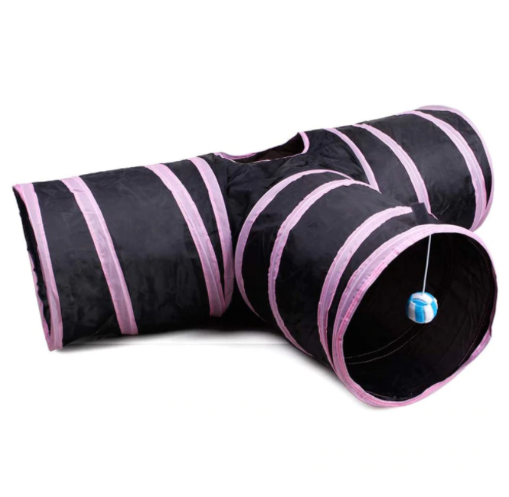 Tunel de joaca pentru pisici catei si iepurasi, Aexya, negru cu roz, 78 cm lungime, 24 cm inaltime aexya